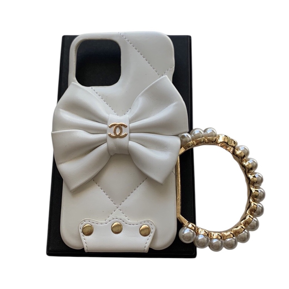 📲Luxury CHANEL Style white-Gold iPhone 13 Pro-Max Case with Bow & Pearls📱